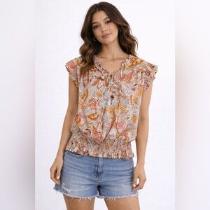 Rachel Zoe Pink, Tan & Mustard Floral Flutter Sleeve Blouse